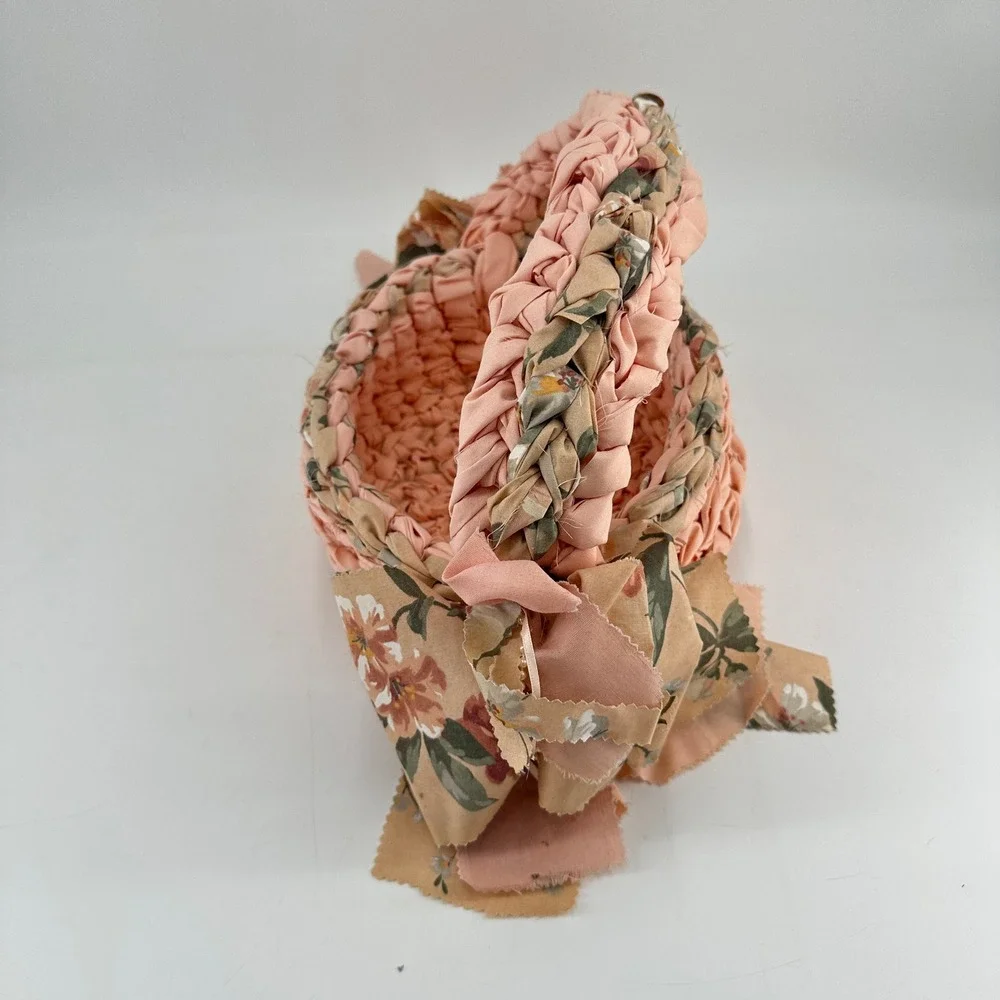 Handmade Peach Floral Woven Fabric Basket with Bows and Pearls Cottagecore Decor